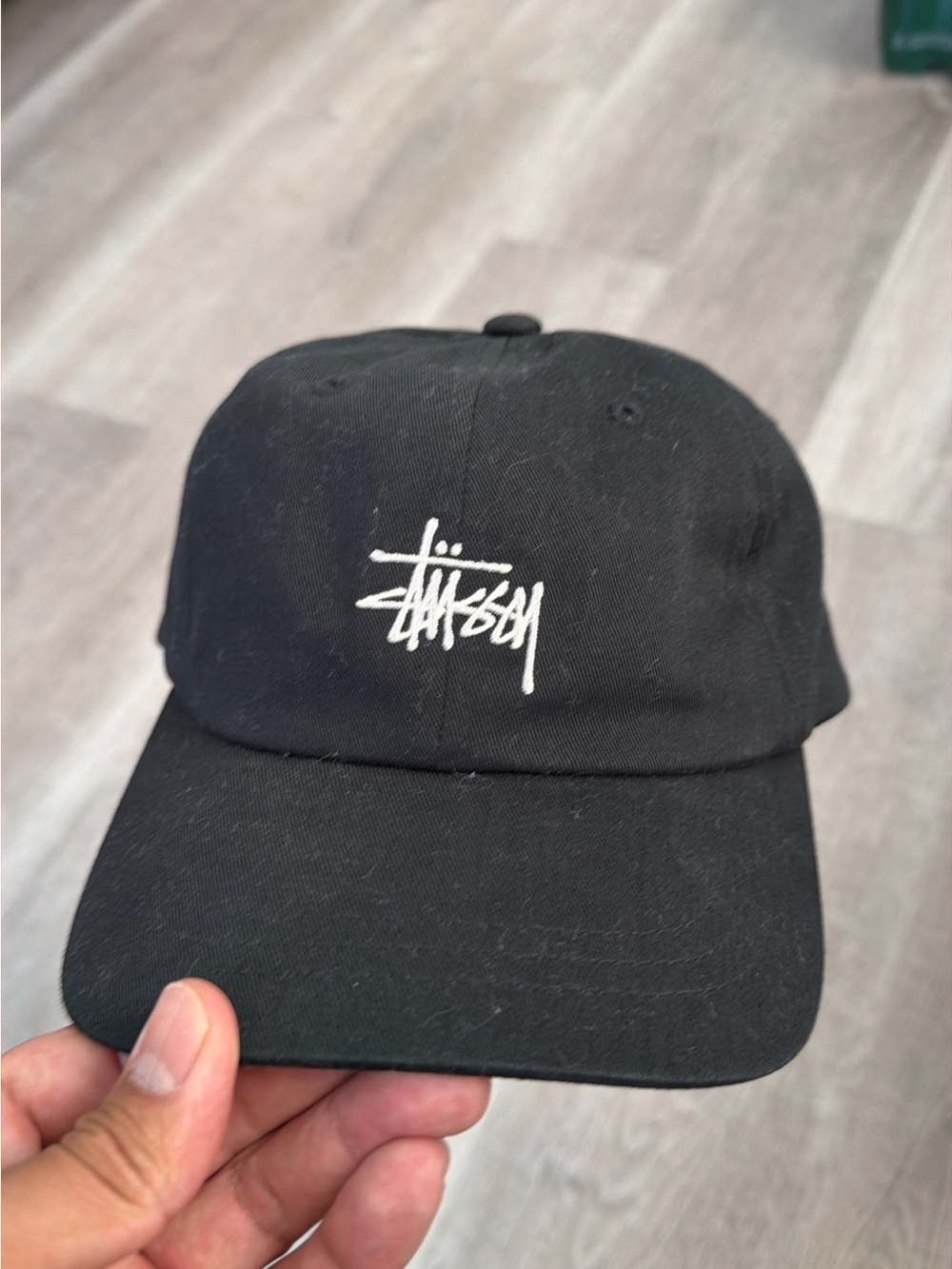 Stussy Black Cap with White Script Logo